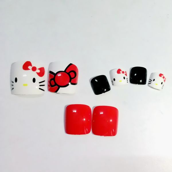 

24pcs lovely cat artificial toe nails red bow fake toenail false nails for children diy foot nail art tips 40#, Red;gold