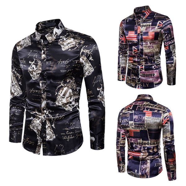 

2019 new style fashion men long sleeve print floral print slim fit shirt casual button nightclub, White;black