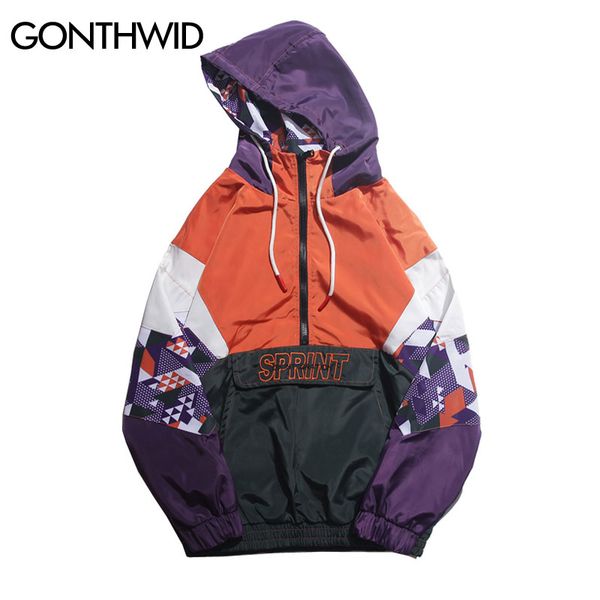 

gonthwid hip hop color block patchwork embroidery half zip hooded jackets 2019 autumn men casual pullover hoodie coat streetwear, Black;brown