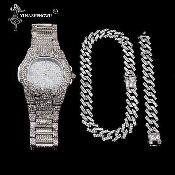 

19mm watch+necklace+bracelet set hip hop miami curb cuban chain gold silver iced out paved rhinestones cz bling jewelry for men