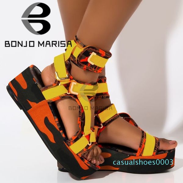 

bonjomarisa 2020 new ins colorful print platform sandals women 2020 summer party date ladies wedges shoes woman c03, Black