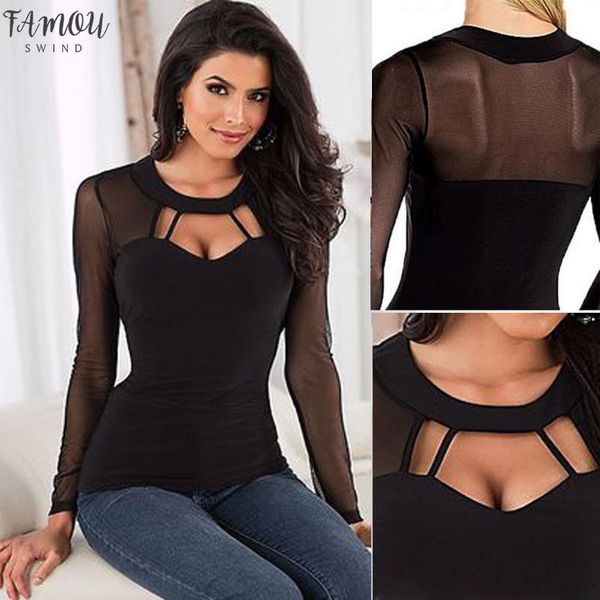 

hollow out women t shirt long sleeve summer mesh patchwork wear see through long sleeve solid ladies slim, White