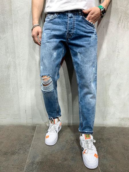 

new mens designer jeans fashion casual distrressed and washed mid waisted long straight jeans casual mens jeans, Blue
