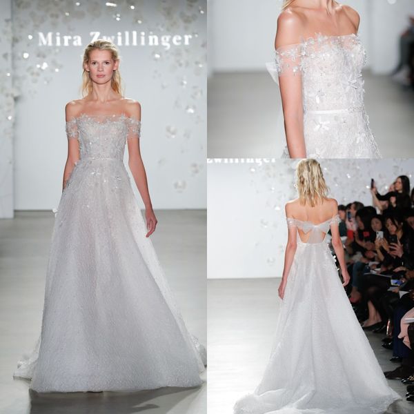 

modern mira zwillinger a line wedding dresses off shoulder short sleeve beads crystal wedding gown sweep train robe de mariÃ©e, White