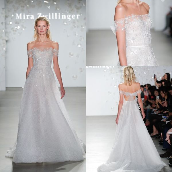 Moderna Mira Zwillinger A Line Abiti da sposa con spalle scoperte Manica corta Perline Abito da sposa in cristallo Sweep Train robe de mari￩e