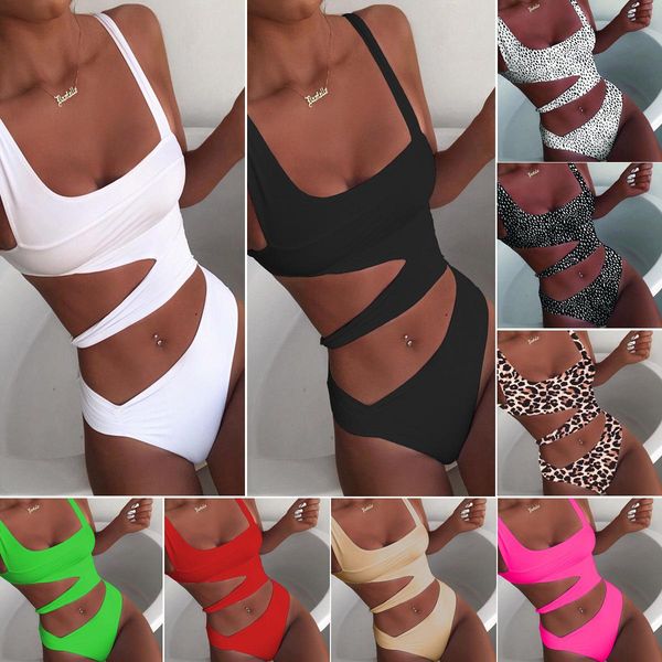 

summer new women one-piece pure color bikini cutout multicolors european and american wind sli fit swimsuits, White;black
