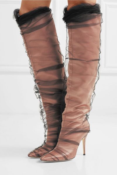 

abesire new arrivals woman pleated lace decorated slip-on high heels dress runway boots ladies pointed toe knee high boots, Black
