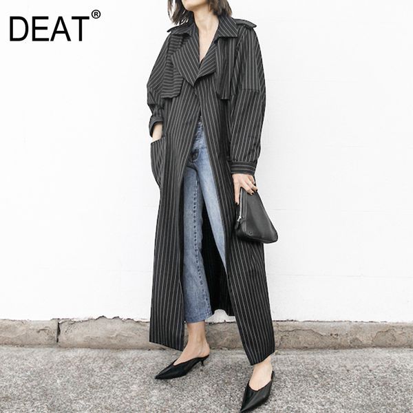 

deat] 2019 new spring autumn lapel long sleeve striped pockets spliced big size long windbreaker women trench fashion jy01, Tan;black