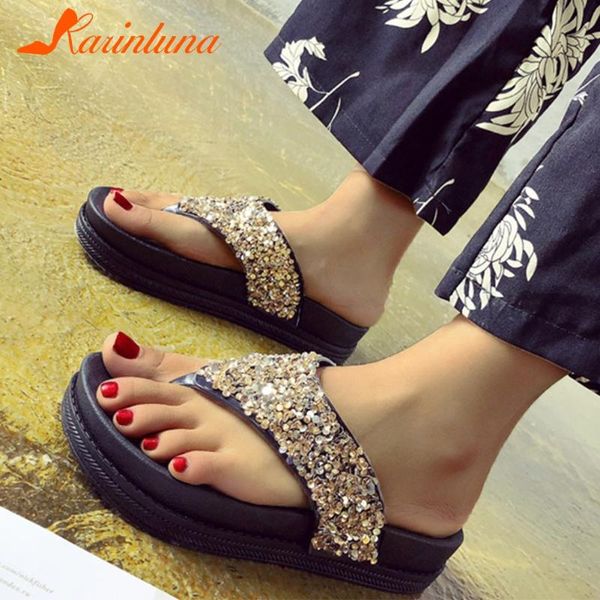 

karin 2020 new arrivals med heel comfortable shoes woman slippers female slip on flip flops summer bling dropship slippers, Black