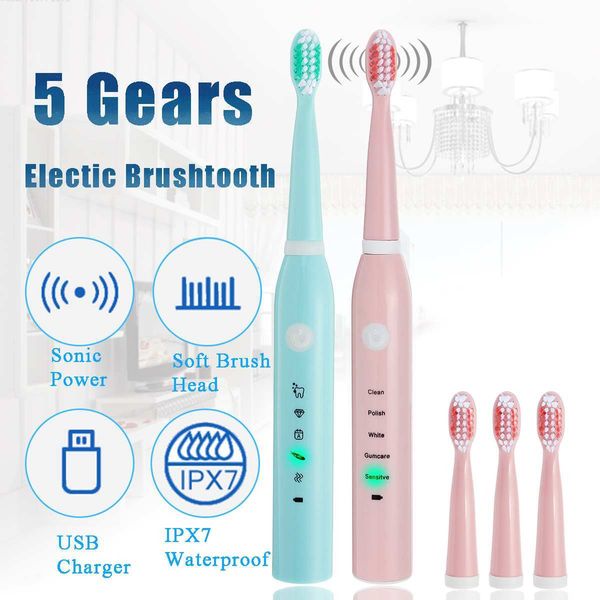 

5 mode electric toothbrush sonic wave usb charging rechargeable waterproof whitening with 4 brushes toothbrush head replaceable