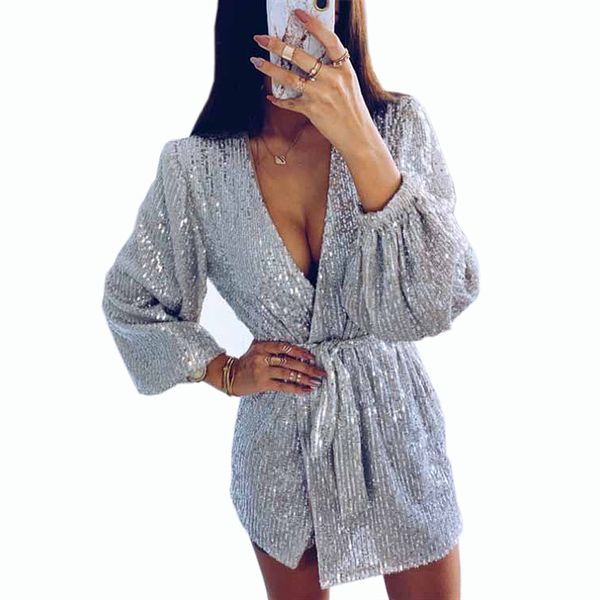 

2020 new summer women solid color v-neck long sleeve dress female fashion slim sequin stitching vestidos qx126, Black;gray
