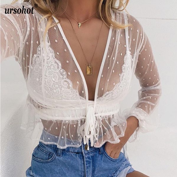 

ursopolka dot lace blouse shirts for women 2019 summer deep v neck flare sleeve open stitch beachwear cropped, White