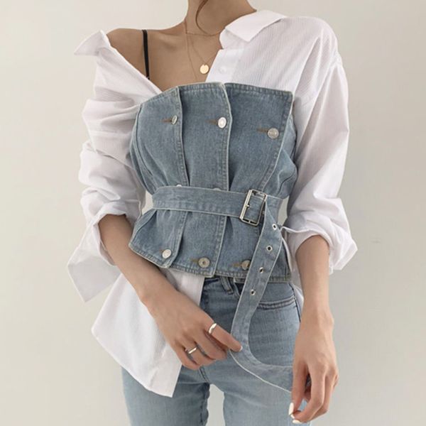 

ewq] autumn 2020 personality lapel striped shirt waistband breast-wiped jean vest suit 2 piece set women qk88605s, White