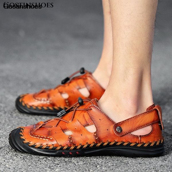 

leather sandals men closed toe hollow out cow leather fashion casual zapatos hombre shoes man, Black