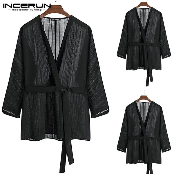 

incerun mens long sleeve striped shirts man mesh v neck clubwear shirt fashion lace up black blouse streetwear party, White;black