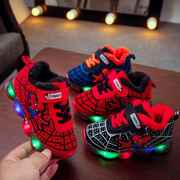 

spider man cartoon fur children sneakers casual leisure led lighted kids shoes infant tennis baby girls boys shoes footwear, Black;red
