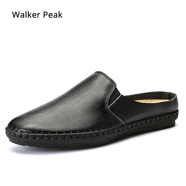 

black mules genuine leather men slippers smoking slip-on flats leather handmade shoes casual fashion big size brand walker, Blue;gray