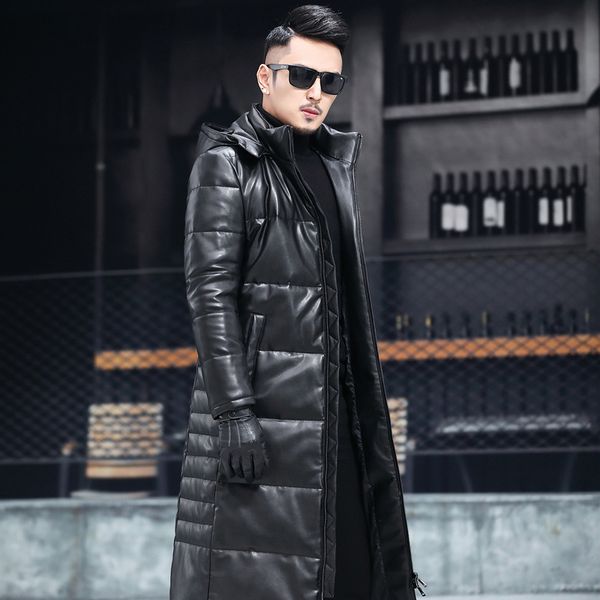 

extra long leather down coat sheepskin jackets hooded mens winter down parkas warm windbreaker outerwear outdoor overcoat high quality, Black