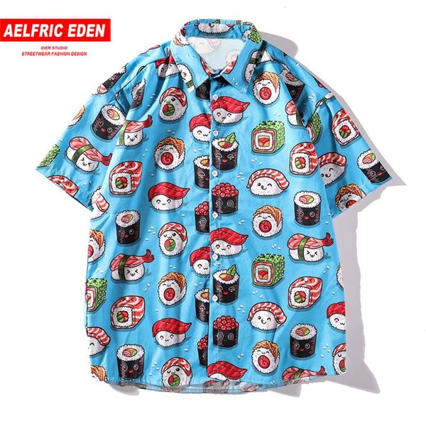 

Aelfric Eden Cartoon Sushi Print Harajuku Men Shirts Japanese Style Streetwear Loose Short Sleeve 2020 Hip Hop Cotton Tops Blue, White;black