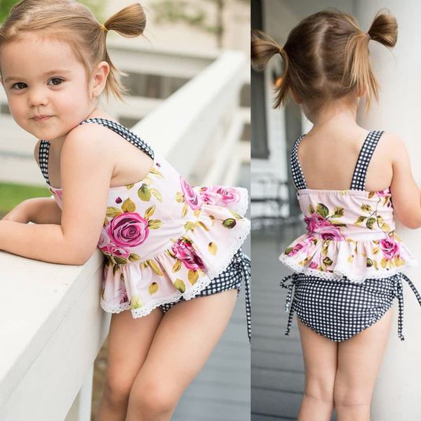 

2018 new style kids girl clothes baby girls summer outfits floral girl strap shirt+plaid short pants chidlren clothes set, Pink;blue