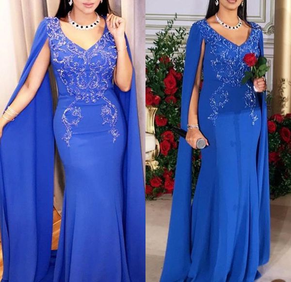 

2020 arabic blue evening dresses with cape applique beads satin v neck mermaid prom dress plus size formal occasion gowns, Black;red