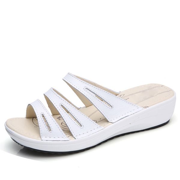 

2019 summer women wedges slippers sandals shoes slip on round toe comfortable white leather sandals flip-flops fur shoes a043, Black
