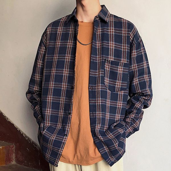 

lossky korean men's shirt plus size loose casual men cardigan shirts trend fashion plaid print long sleeve wild men autumn shirt, White;black