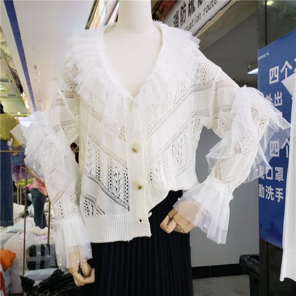 

new european women's mesh lace beaded knitted cardigan women's knitted coat thin sweaters fashion knit sweater women thin shirts, White