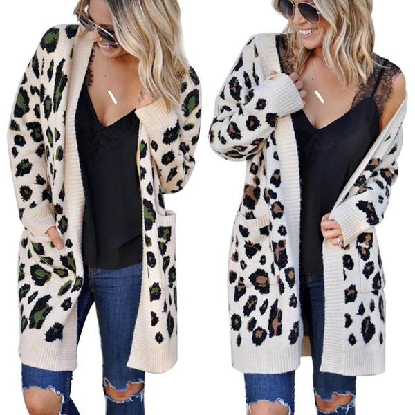 

длинный рукав вязаный кардиган свитер карманы джерси mujer ropa mujer женщины повседневная кардиган свитер осень зима леопардовый принт, White