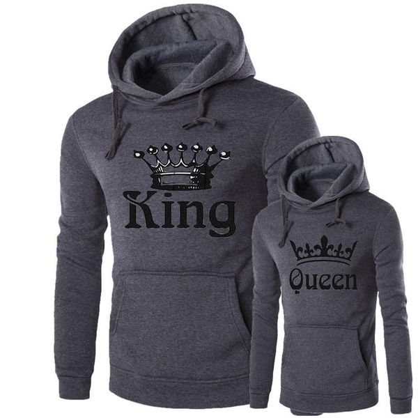 

women queen men king hoodies hooded lovers sweatshirts match fitness casual grey pullovers, Black