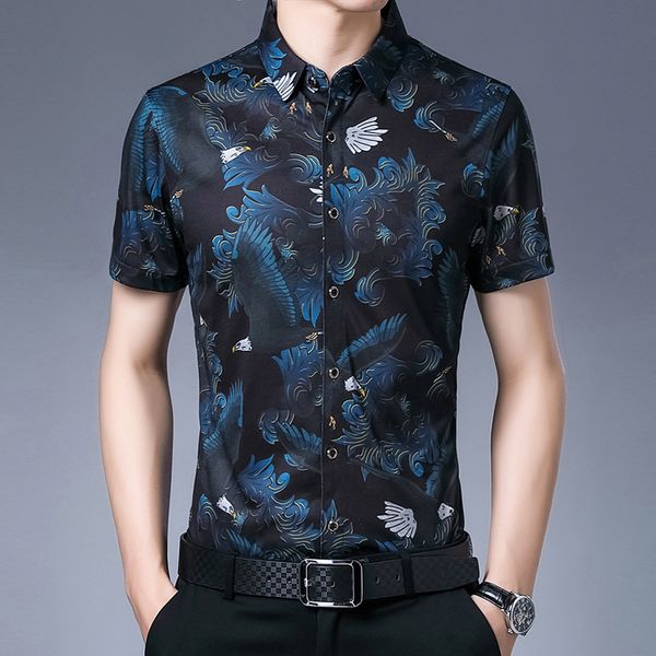 

creative flying bird pattern printing fashion short sleeve shirt summer new quality mercerized cotton icy smooth men shirt -3xl, White;black