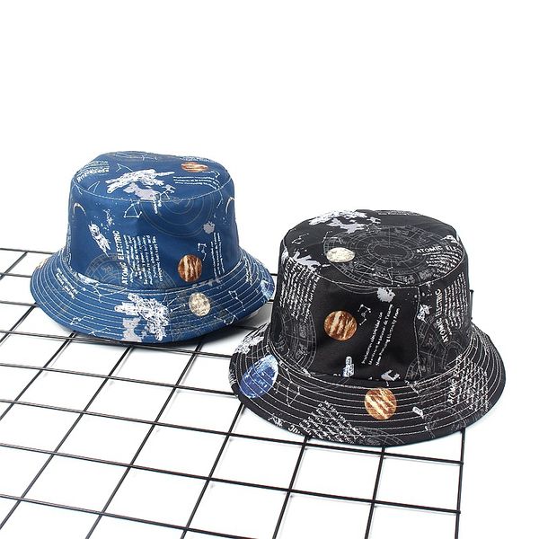 

universe planet battleship women fisherman hat graffiti double-sided wearing basin cap outdoor folding sunshade bucket sun hat, Blue;gray