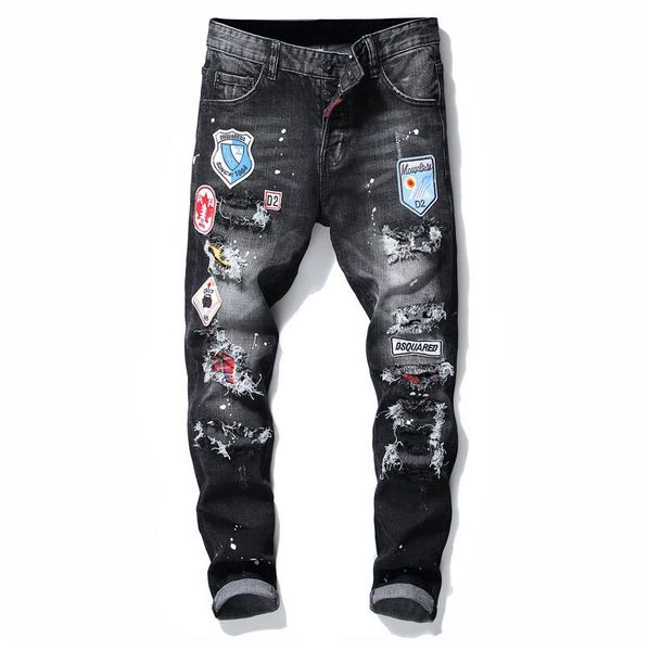 

2019 mens знак разрывы stretch black jeans модельер slim fit омывается motocycle джинсовые брюки хип-хоп панелями брюки 10200, Blue