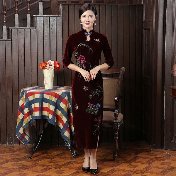 

elegant women cheongsam velvet chinese style formal party dress velour high split qipao vintage button burgundy vestidos, Red