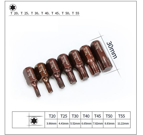 

new 7pcs/set magnetic l30mm torx screwdriver bit t20-t55 3/8" 10mm s2 steel hex screwdriver bits sleeve t20/t25/t30/t40/t45/t55