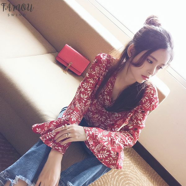 

mishow floral shirt women summer autumn 2020 new female red flare sleeve long sleeve v neck chiffon blouse mx17a4805, White