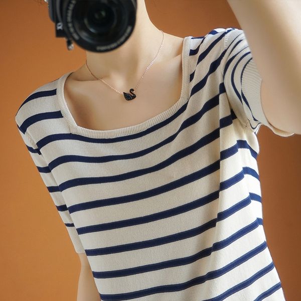 

ice silk short-sleeved women's ins fashionable half-sleeve 2020 thin striped t-shirt women's summer clothes square collar t-shirt, White