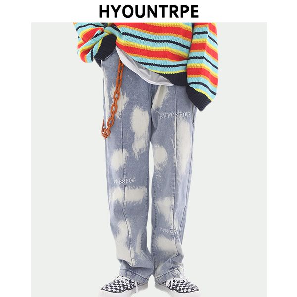 

irregular tie-dyed denim jean pants men fashion letter embroidery straight zipper loose trouser hip hop streetwear casual jogger, Blue