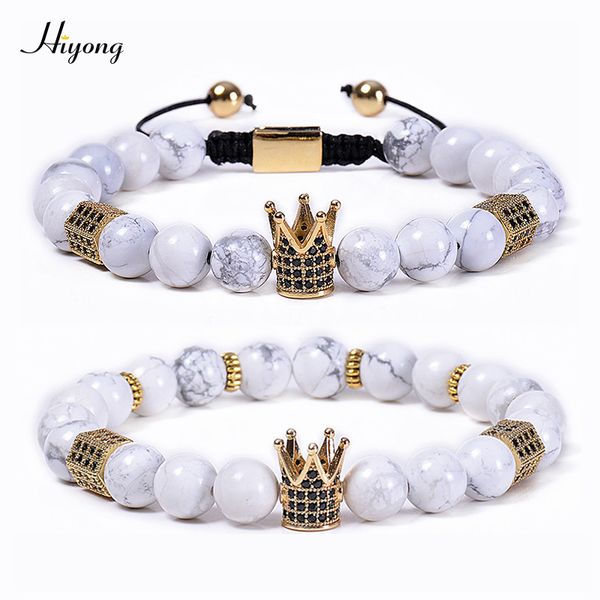 

природный камень бисер браслет регулируемого браслет короны 8 мм белого howlite расстояние для женщин мужчины cz micro pave ювелирных издели, Black