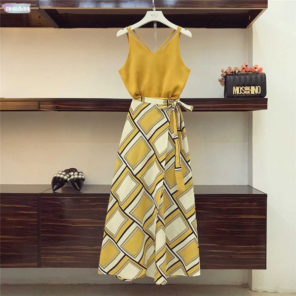 

wind holiday bohe skirts suit women summer suspender skirt high waist split fork printing vest two-piece sets, White