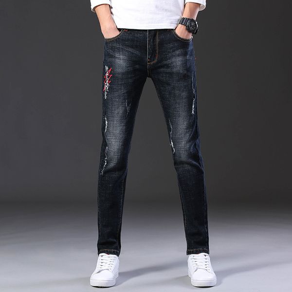 

2019 man jeans self-cultivation bound feet elastic force embroidered holes cowboy long pants, Blue