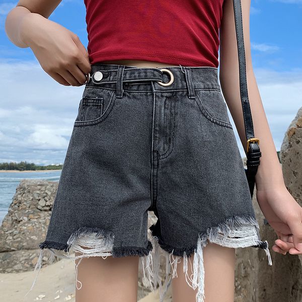 

women's shorts denim femme korean style high waist wide leg jeans for light blue casual loose vintage harajuk ripped, White;black