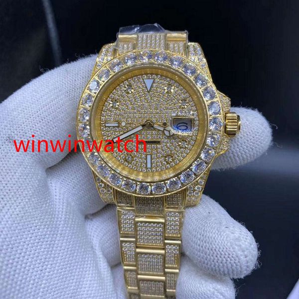 Big Diamond Men Watch 40mm Gold Acciaio inossidabile Diamonds Gold Case con quadrante diamantato Orologio automatico lavoro lisce spazzando le mani.