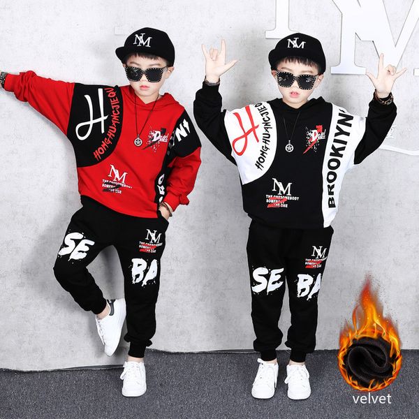 

children's clothing autumn and winter sweater pants suit new boy jacket hip hop pants casual plus velvet thick coat 2 sets, White