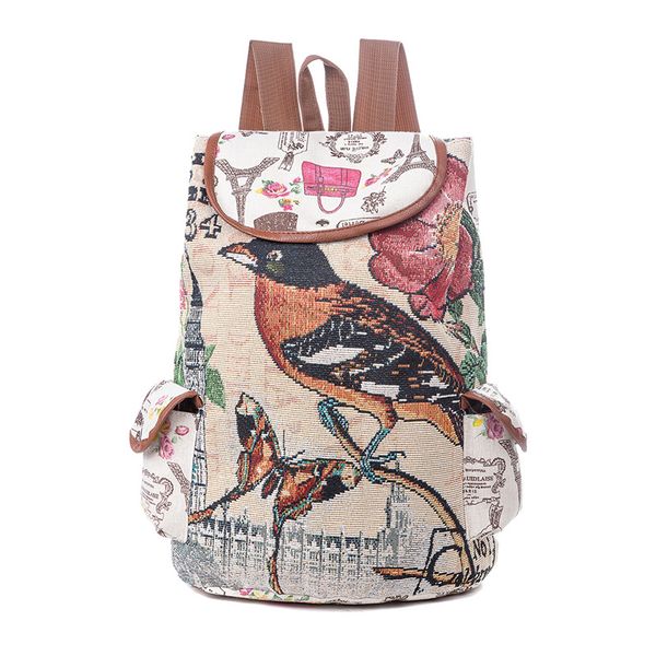

women canvas backpack colorful embroidery floral animal iron tower adjustable drawstring pockets multifunction casual knapsack