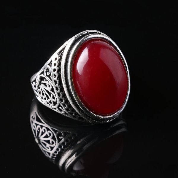 

silver plated metal alloy engraved punk ring mens wedding band silver red oval gemstone sz 8-10, Golden;silver