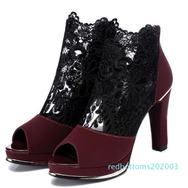 

2019 prom wedding shoes sandals with coarse heels spring and summer new european american waterproof mesh gauze shoes r03, Black