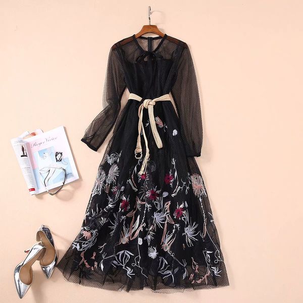 

new european and american women's dresses for spring 2020 long-sleeved round collar net yarn embroidery fashionable dress, Black;gray