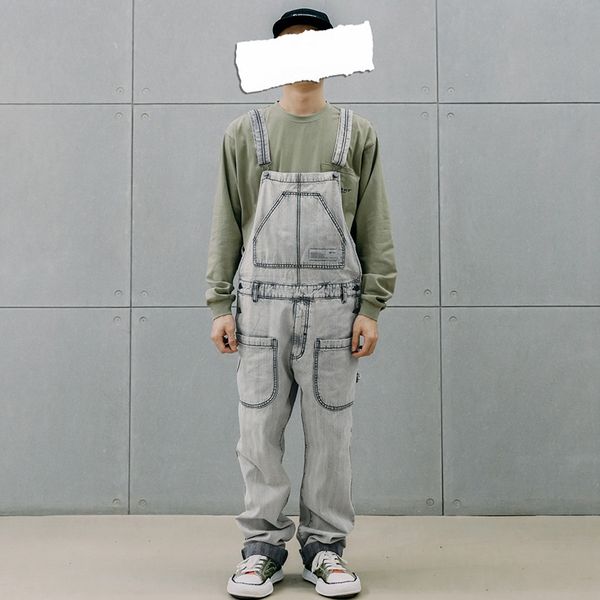 

men washed vintage fashion loose straight bib cargo denim pant male streetwear hip hop loose jumpsuit overalls jeans trousers, Blue