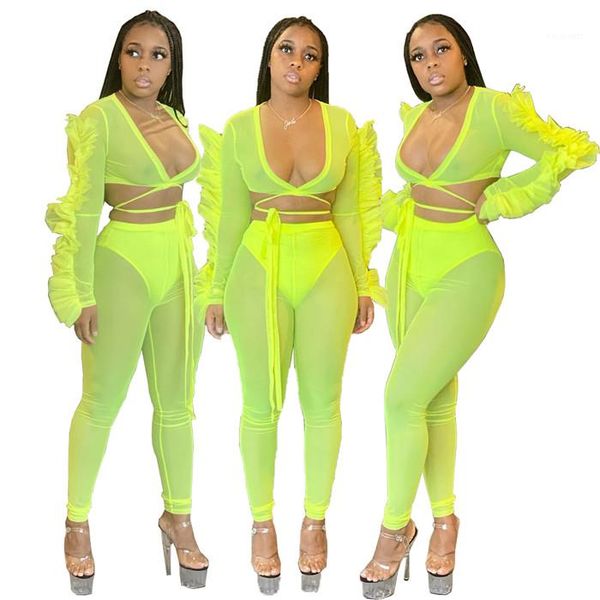 

neck petal sleeve sets females fashion casual clothes womens cross mesh suits summer designer panelled see though deep v, Gray